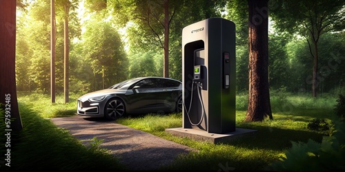 Vehicle EV charging station which is placed among the greenery forest environment. New technology for clean energy concept. Generative AI