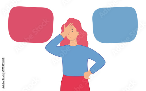 The woman thought. Can't choose from two options . Difficult question, the need to make a choice. Vector illustration.