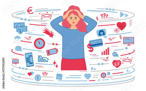 Dizzy with worries. A young woman is dizzy with problems. Heavy confused thoughts. Tiredness and despondency.