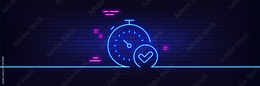 Neon light glow effect. Fast verification line icon. Approved timer sign. Confirmed time symbol. 3d line neon glow icon. Brick wall banner. Fast verification outline. Vector Neon light glow effect. Fast verification line icon. Approved timer sign. Confirmed time symbol. 3d line neon glow icon. Brick wall banner. Fast verification outline. Vector