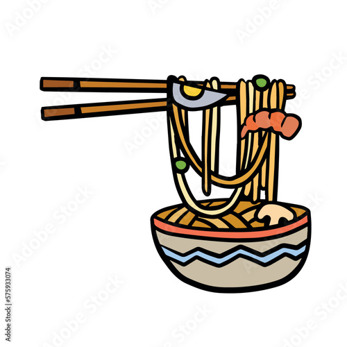 Ramen noodles and wooden sticks in bowl