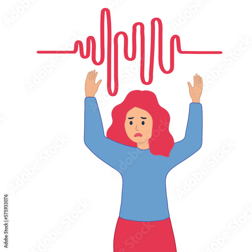 A frightened woman  in fear. Phobia, panic attack, psychiatric or psychological problems. Mental health or disorder concept. Hand drawn vector 