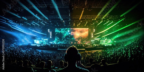 E-sports arena, filled with cheering fans and colorful LED lights. Players compete on a large stage in front of a massive screen. Big arena with many people, big stage, concert hall. Generative AI