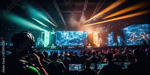E-sports arena, filled with cheering fans and colorful LED lights. Players compete on a large stage in front of a massive screen. Big arena with many people, big stage, concert hall. Generative AI