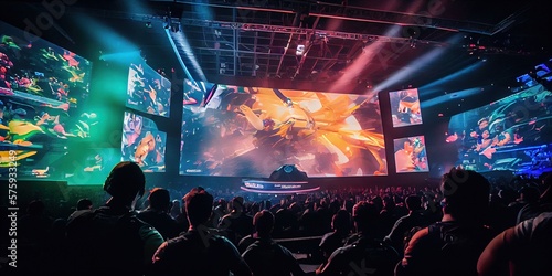 E-sports arena, filled with cheering fans and colorful LED lights. Players compete on a large stage in front of a massive screen. Big arena with many people, big stage, concert hall. Generative AI
