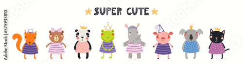 Photography Banner, card with funny animal girls, little princesses, quote Super cute, isolated on white