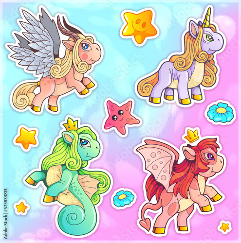 fairy tale cute cartoon ponies, funny stickers set