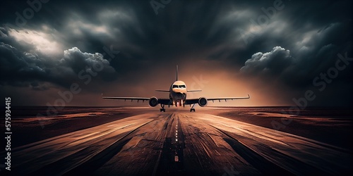 The plane takes off from the runway in the dark. Large jetliner taking off from the airport runway at night with lights on the side of the plane, a dramatic sky behind it. Generative AI
