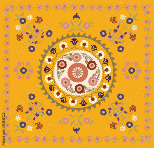 Suzani - a traditional textile product in Uzbekistan, a home interior element. Nowadays using for decorating fashion outfits and other creative elements. 