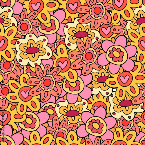 Colorful cartoon retro floral pattern of 60s and 70s style  Vibrant retro vibe hippie flowers seamless pattern