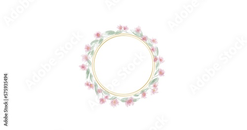 Spring logo round frame with blossom flowers of sakura. Footage for circle logo frame with tender flowers and leaves. Logo animation with watercolor rose flowers and leaves in 4K