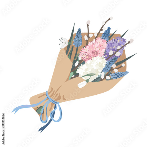 Bouquet of spring flowers wrapped in craft paper. Vector illustration greeting card. Snowdrops, hyacinth, muscari, and pussy willow branches