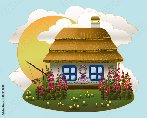 landscape with traditional ukrainian house with hollyhocks flowers, line and in color. vector