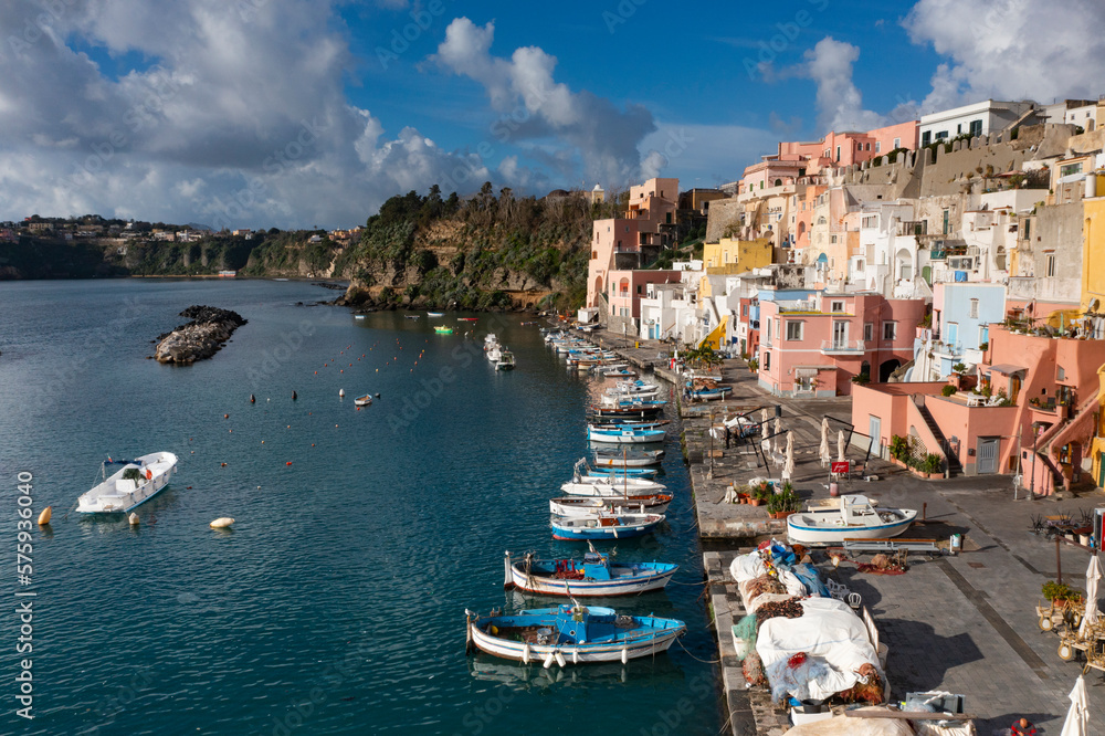 Aerial view of colourful fishermen's houses, on Procida Island, Bay of Naples, Italy.