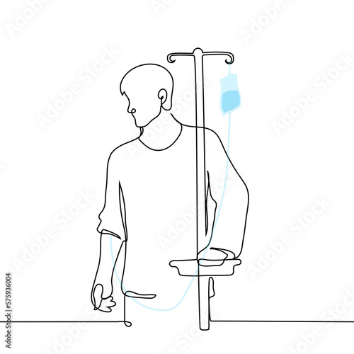 man in a hospital pajamas is standing or walking with a drip - one line drawing vector. concept patient under drip