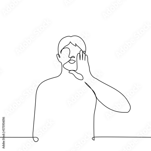 man put his hand to his mouth for a loud cry - one line drawing vector. the concept of shouting loudly, echo