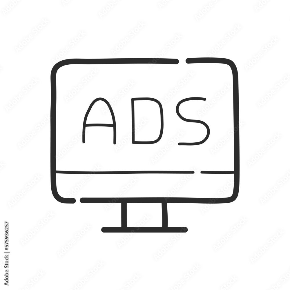 Advertising on a computer screen. Ads icon. Hand drawing design style. Vector. Advertising on a computer screen. Ads icon. Hand drawing design style. Vector.