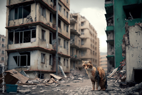 A homeless cat against the backdrop of a ruined city after an earthquake, a homeless animal after the disaster in Turkey and Syria, a lonely year left behind. Generative AI