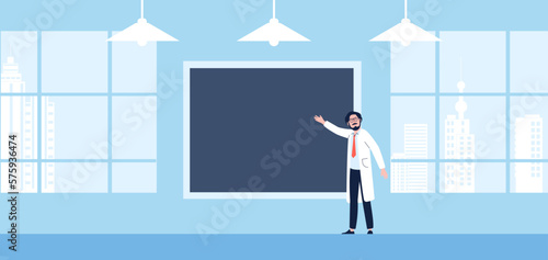 Doctor in classroom at empty chalkboard. Medical college university or school lecturer, teacher working. Education, medicine vector scene