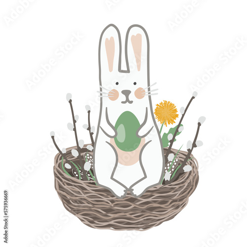 Cute Easter bunny holding egg in his paws and sitting in a nest decorated with pussy willow branches. Vector illustration isolated on white