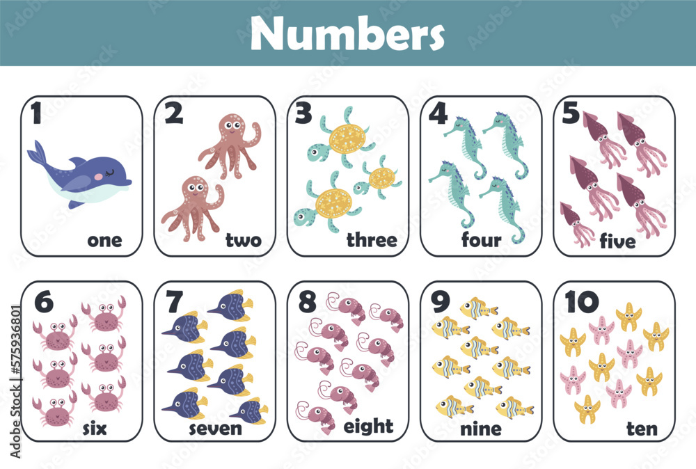 Number math cards with sea animals for kids