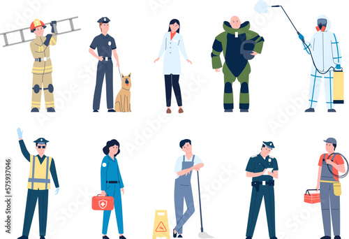 Emergency characters team. Doctors and ambulance workers, policeman with dog, rescue and firemen in uniform. Professionals recent vector set