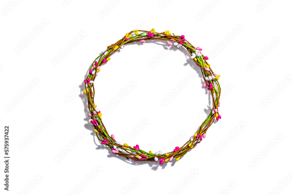 Easter wreath isolated on white background. Artificial floral decor, traditional festive symbol Easter wreath isolated on white background. Artificial floral decor, traditional festive symbol