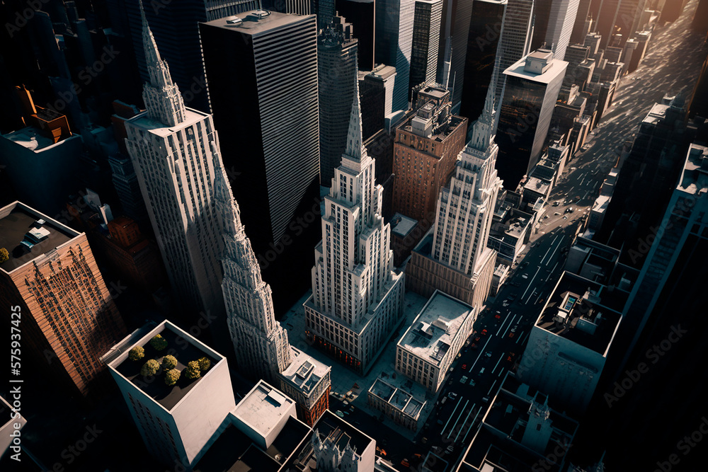 New York City aerial view of downtown, high-rise buildings and ...