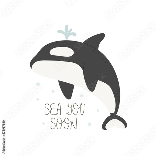sea you soon. cartoon killer whale, decor elements, hand drawing lettering. colorful vector illustration. stop plastic.