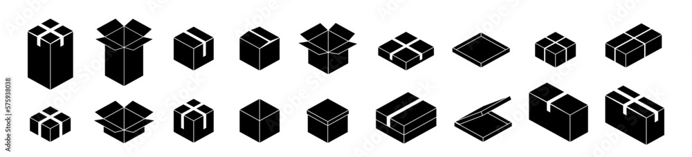 Carton box icon. Square box. Silhouette box set.