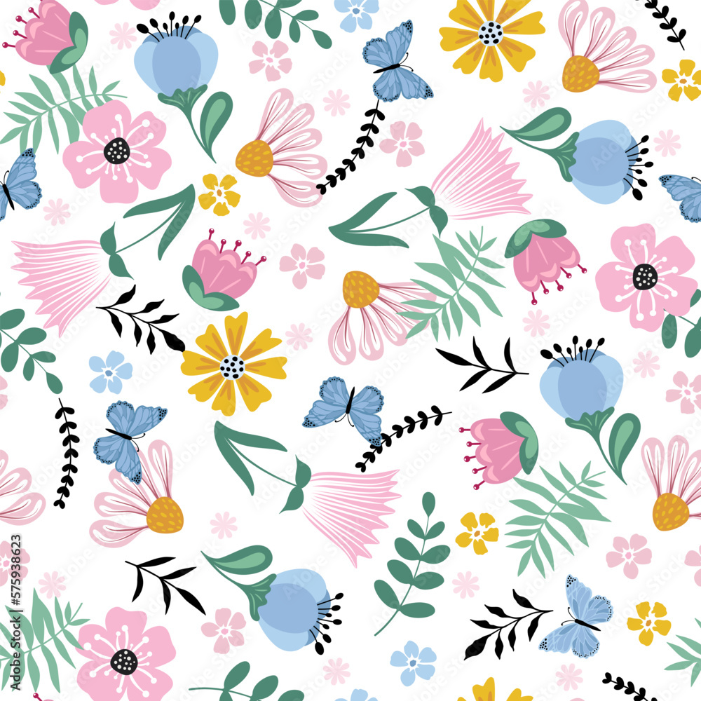 Cute, bright background with cute flowers and butterfly. Seamless flowers pattern