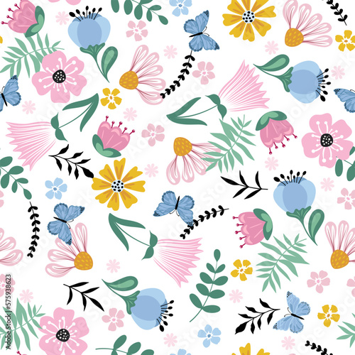 Cute, bright background with cute flowers and butterfly. Seamless flowers pattern