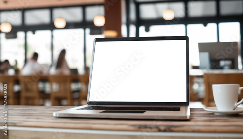 Laptop computer mock-up with cut out screen on background of coffee shop. Based on Generative AI