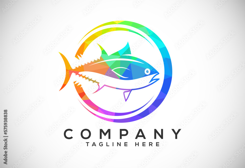 Polygonal low poly fish logo design template. Seafood restaurant shop Logotype concept icon Polygonal low poly fish logo design template. Seafood restaurant shop Logotype concept icon