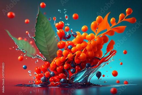 Beautiful photo rowanberry splashed in bright paint, contemporary background. Generative AI technology.