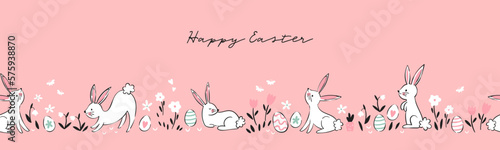 Cute hand drawn Easter seamless pattern with bunnies, flowers, easter eggs, beautiful background, great for Easter Cards, banner, textiles, wallpapers - vector design