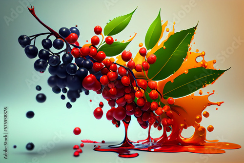 Beautiful photo rowanberry splashed in bright paint, contemporary  background. Generative AI technology. photo