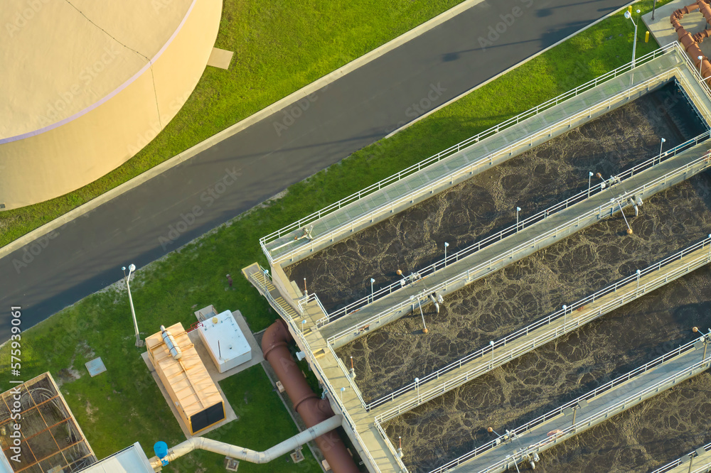 Aerial view of modern water cleaning facility at urban wastewater
