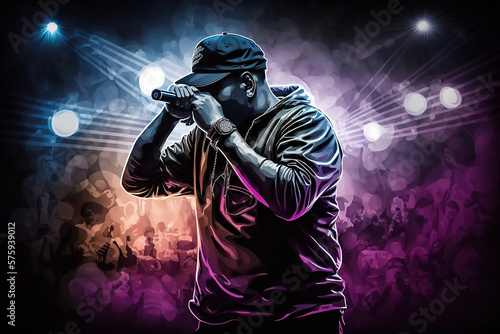hip hop singer on stage during show lights, Generative AI	 photo