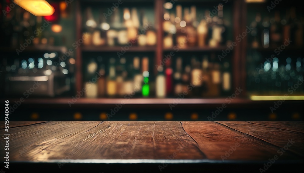 Empty the top of the wooden table with blurred counter bar and bottles Background. Generative AI. - obrazy, fototapety, plakaty 