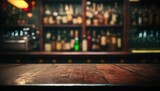 Empty the top of the wooden table with blurred counter bar and bottles Background. Generative AI.