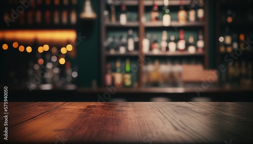 Wallpaper Mural Empty the top of the wooden table with blurred counter bar and bottles Background. Generative AI. Torontodigital.ca