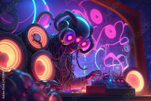 Antropomorphic alien DJ, deejay in synthwave neon night club, AI generative