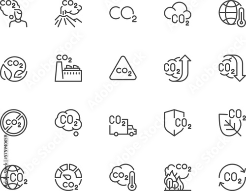 CO2 emissions. Green production, ecology and environment. Carbon dioxide pollution. Editable stroke. Pixel perfect.