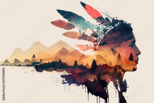 Murais de parede Native american silhouette, head morphing into mountains, landscape, feathers or