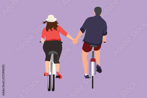 Character flat drawing back view of romantic cycling couple holding hands in afternoon. Togetherness husband and wife after wedding. Happy man and woman ride bike. Cartoon design vector illustration