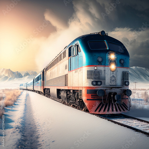 Illustration of a Trans-Siberian train running in Siberia. Generative AI.	
 photo