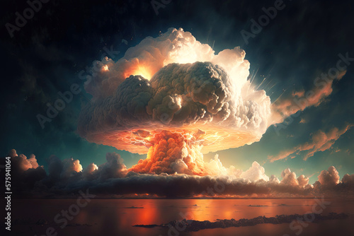 Atomic mushroom cloud after nuclear bomb underwater test. Generative AI.
