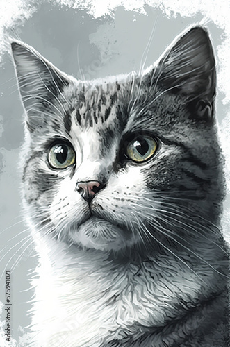 Funny cute grey and white cat. Generative AI.