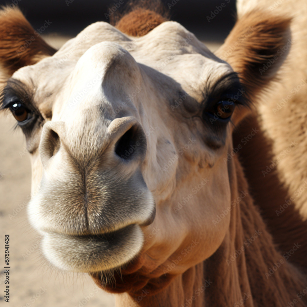 Obraz premium Close portrait of a camel. Generative AI.